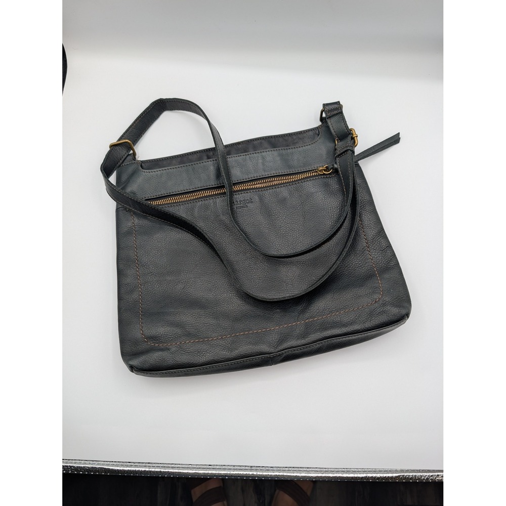 Margot New York Black Pebbled Leather Crossbody Bag Stitching Brass Hardware